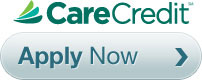 The image shows a digital advertisement with a graphic design style, featuring the CareCredit logo prominently at the top, followed by the text  Apply Now  in bold letters. Below this, there s a button labeled  Apply Now,  and beneath that, additional text reads  CareCredit.  The background of the ad is a gradient of light blue to white.