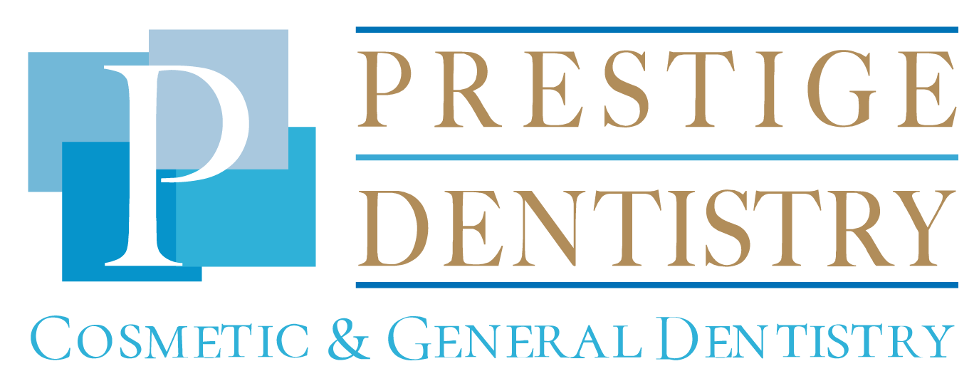 The image shows a logo with the text  PRESTIGE DENTISTRY  above a stylized graphic, followed by  COSMETIC   GENERAL DENTISTRY,  and below that,  COSM  TIC   GENERAL DENTISTRY.