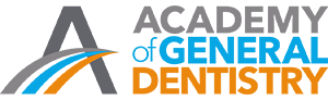 The image displays a logo with text, featuring the name  Academy General Dentistry  in capital letters, accompanied by a stylized graphic element and set against a gradient background.