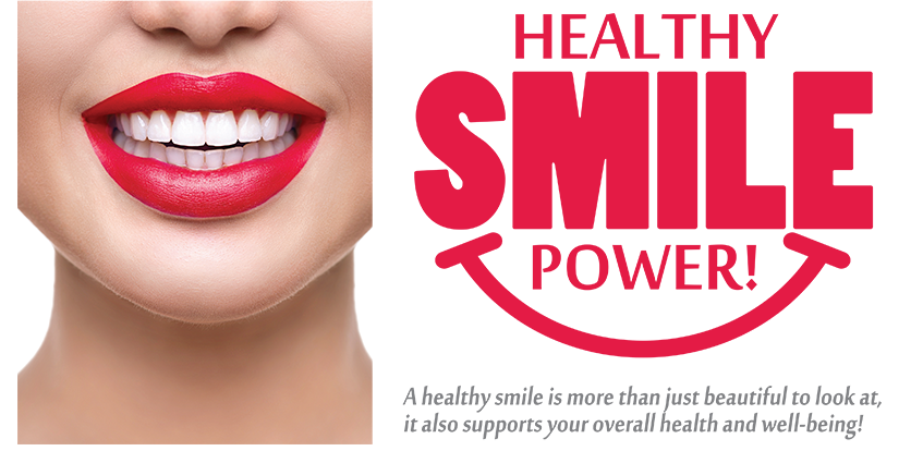 The image shows a graphic design with a woman s face featuring red lipstick and a smiling expression. Overlaid on this image are texts, including  HEALTHY SMILE POWER  in large, bold letters at the top, followed by smaller text that reads  Smile Smile Power.  Below the central image of the woman is additional text stating  Healthy Smile Power.  The overall style of the image suggests a promotional or informational purpose related to dental health.