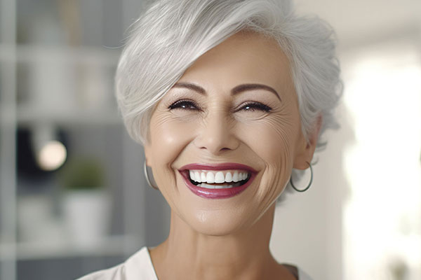 A smiling older woman with short hair wearing a white top.